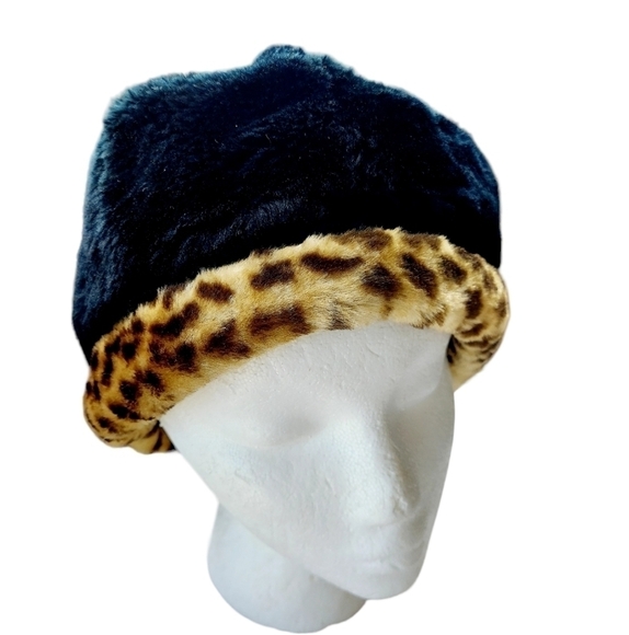 Fuzzy Black Cheetah Bucket Style Hat Retro 90's - Picture 3 of 11